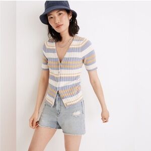Madewell Striped Knit Top Gray Grey Yellow Button Short Sleeve - Size M
